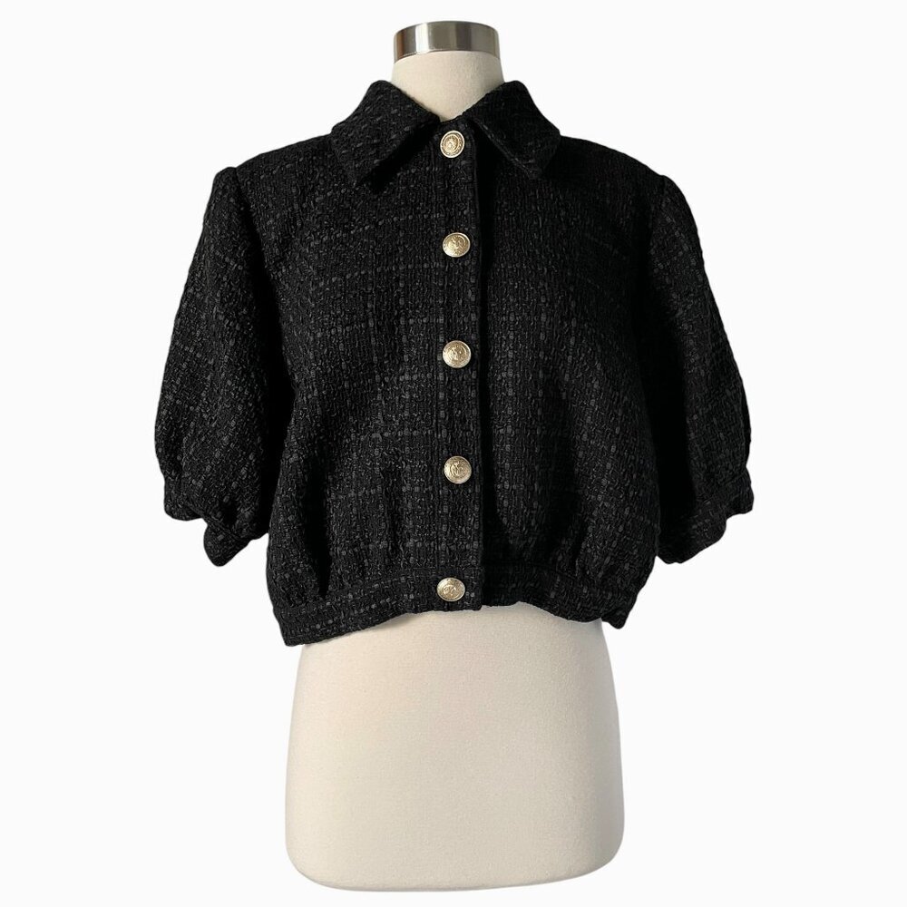 L’Agence Cove Cropped Tweed Jacket Size 8 Black Short Sleeve Polished - Picture 2 of 8